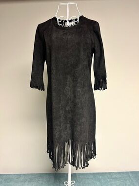 Aryeh Anthropologie Black Suede-Look Fringe Midi Dress